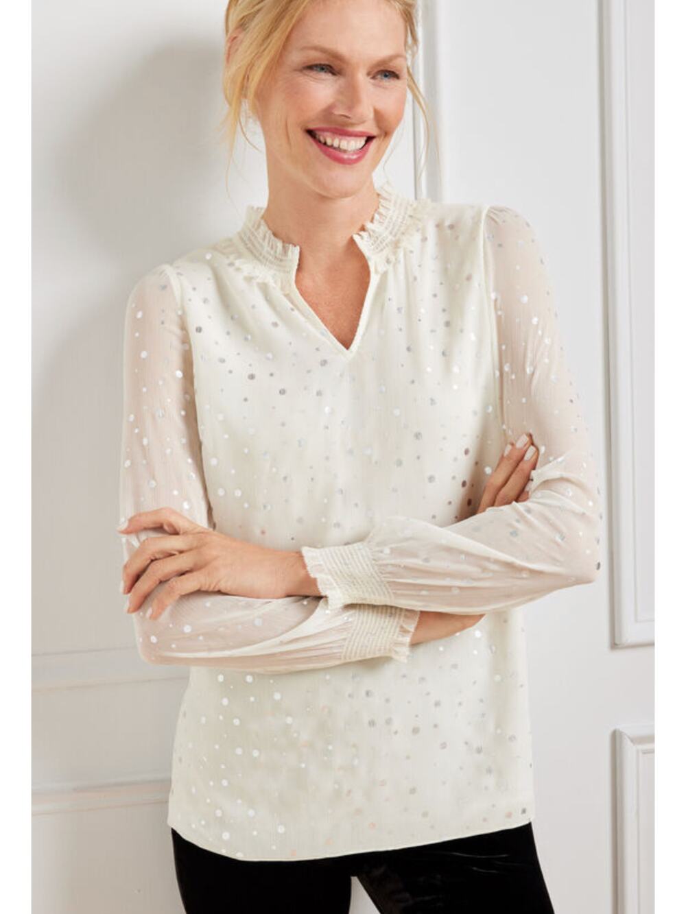Talbots Sheer Long Sleeve Top Blouse Cheerful Dots Womens Large Petite New White
